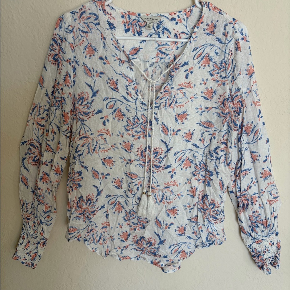 Lucky Brand Tunic Blouse Women’s  Size Small White w Blue & Peach floral print
